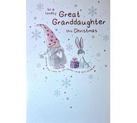 Cherry Orchard Christmas Card for Great Granddaughter, Festive Gnome and Bunny Design with Silver Snowflakes, Includes Envelope