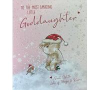 Cherry Orchard Christmas Card for Little Goddaughter, Cute Teddy Bear with Santa Hat Design, Pink Glitter Snowflakes, Festive Robin Detail