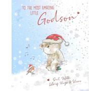 Cherry Orchard Christmas Card for Little Godson, Cute Bear and Robin Snow Scene Design, Festive Holiday Greeting with Hugs and Kisses Message