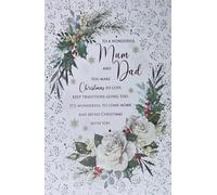 Cherry Orchard Christmas Card for Mum and Dad, White Roses and Holly Wreath Design with Glitter, Festive Family Greeting Card with Envelope