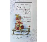 Cherry Orchard Christmas Card for Son and Family, Traditional Festive Design with Sled and Robins, Snowflake Winter Scene
