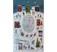 Cherry Orchard Christmas Card, To an Amazing Son and Family, Festive Winter Village Scene with Santa Sleigh, Glitter Accents