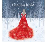 Cherry Orchard Christmas Wishes Winter Scene Card, Red Dress Design with Snowflakes