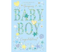 Cherry Orchard | Congratulations on the Birth of your New Baby Boy| Greeting Card for New Baby Boy | Cute Pastel Blue Design with Stars, Hearts & Balloons | Gold Foil | Luxury Insert