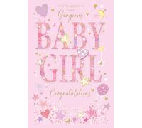 Cherry Orchard | Congratulations on the Birth of your New Baby Girl | Greeting Card for New Baby Girl | Cute Pink Design with Stars, Hearts & Balloons | Gold Foil | Luxury Insert