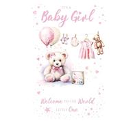Cherry Orchard | Congratulations on the Birth of your New Baby Girl | Welcome to the World Little one | Cute Design with Teddy Bear & Balloons | Gold Foil Hearts and Stars | Luxury Insert