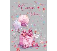 Cherry Orchard | COUSIN Birthday Card | Pink Presents & Balloons | Confetti & Stars | Complete with Envelope