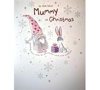 Cherry Orchard Cute Gnome and Bunny Christmas Card for Mummy, Festive Design with Gift and Snowflakes, Pink and Grey Watercolor Illustration