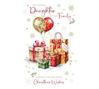 Cherry Orchard | Daughter & Family Christmas Card | Christmas Card for a Special Daughter & her Family | Festive Gifts & Balloons | Gold Foil Finish | Luxury Insert | Complete with Envelope
