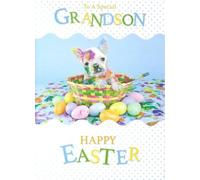 Cherry Orchard Easter Card for Grandson, Puppy with Easter Eggs Design, Happy Easter Greeting Card with Envelope