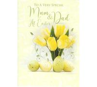 Cherry Orchard Easter Card for Mum & Dad, Yellow Tulips & Speckled Eggs Design, Special Greeting Card