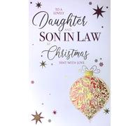 Cherry Orchard Elegant Christmas Card for Daughter and Son-in-Law, Gold and Red Foiled Bauble Design with Stars