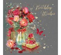 Cherry Orchard, Exquisite Floral Ladies Birthday Card, Red Roses with Gold Foil finishes, Complete with Envelope