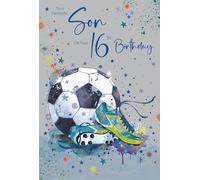 Cherry Orchard | Fantastic Son 16th Birthday Card | Bright & Colourful Football Design | Stars & Confetti | Football Lover age 16 | Complete with Envelope