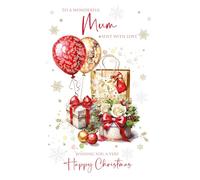 Cherry Orchard | Festive Mum Christmas Card | Christmas card for a Lovely Mum | Elegant Balloons, Gifts & White roses | Gold Foil | Complete with envelope