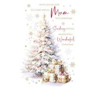 Cherry Orchard | Festive Mum Christmas Card | Christmas card for a Lovely Mum |Elegant Frosted Christmas Tree with Pink baubles | Gold Foil | Complete with envelope
