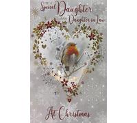 Cherry Orchard Festive Robin Christmas Card with Gold Foil Heart Design, Special Daughter and Daughter-in-Law, Silver Snowflake Background