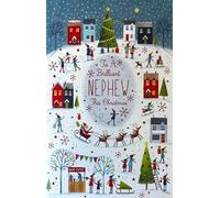Cherry Orchard Festive Village Scene Christmas Card for Nephew with Santa Sleigh, Decorated Homes, Children Playing, Matching Envelope