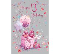 Cherry Orchard | Girls 13th Birthday Card | Happy 13th Birthday | Fun & Stylish Pink Present & Balloons design | Confetti & Bunting | Gold Foil Font | Complete with Envelope