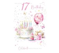 Cherry Orchard Girls 17th Birthday Card, Beautiful Birthday Cake and Balloon Design, Pink Foil Finish, complete with Envelope