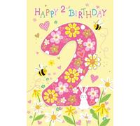 Cherry Orchard | Girls 2nd Birthday Card | Birthday Card for Age 2 Girl | Pink Floral design Cute Bunnies & Bees | Gorgeous Pastel yellow with Gold Foil Finish | Complete with Envelope