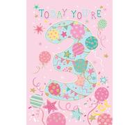 Cherry Orchard | Girls 3rd Birthday Card | Birthday Card for Age 3 Girl | Today You're 3 | Pastel Balloons, stars & Bunting | Cute and Fun Design with Gold Foil Finish | Complete with Envelope