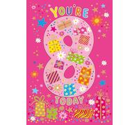 Cherry Orchard | Girls 8th Birthday Card | Birthday Card for Girl Age 8 | Vibrant Pink Design- Colourful Presents | Gold Foil & Embossed Finish | Complete with Envelope