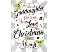 Cherry Orchard Goddaughter Christmas Greeting Card, Glitter Starburst and Holly Design, Festive Script