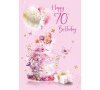 Cherry Orchard | Gorgeous Ladies 70th Birthday Card | Artistic Floral Cake & Balloons | Gold Foil Text & Details.