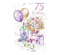 Cherry Orchard Gorgeous Ladies 75th Milestone Birthday Card, Beautiful Flowers and Balloons design, Purple foil finish Complete with Envelope