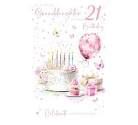 Cherry Orchard | Gorgeous Milestone 21st Birthday Card for Granddaughter | Granddaughter 21st Birthday | Birthday Cake & Balloons | Pink Foil Finish