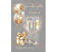 Cherry Orchard | Granddaughter and Husband Wedding Anniversary Card | Grogeous Golden Champagne Flute & Balloons | Happy Anniversary Granddaughter | Luxury Insert | Gold Foil Finish