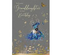 Cherry Orchard Granddaughter Birthday Card - To A Lovely Granddaugther On Your Birthday - Artistic Lady In Gorgeous Blue Floral Dress - Flitter & Gold Foil Finish - For Her