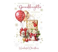 Cherry Orchard | Granddaughter Christmas Card | Christmas card for a Special Granddaughter | Festive Presents & Balloons | Shimmering Foil Snowflakes | Complete with Envelope