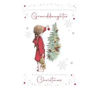 Cherry Orchard | Granddaughter Christmas Card | Christmas card for a Special Granddaughter | Little Girl Hanging Baubles on the Tree Design | Shimmering Foil Snowflakes | Complete with Envelope