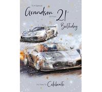 Cherry Orchard | Grandson 21st Birthday Card | 21st Birthday card for a Special Grandson | Sports Cars and Gold Stars | Gold Foil Finish | Luxury Insert | Complete with Envelope