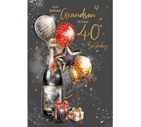 Cherry Orchard | Grandson 40th Birthday Card | Sylish Charcoal & Gold Champagne Design | 40th Birthday Card for Grandson | Gold Foil Detailing | Complete with Envelope