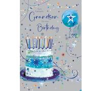 Cherry Orchard | Grandson Birthday Card | Birthday Card for Grandson | Grey & Blue Birthday Cake & Candles Design | Gold Foil Stars & Text | Luxury Insert with Printed Verse| Complete with Envelope