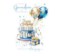 Cherry Orchard Grandson Birthday card, modern artistic Birthday cake and Balloons design, Complete with Envelope, from