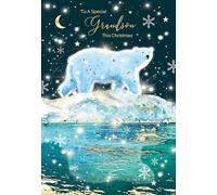 Cherry Orchard Grandson Christmas card, Artistic design with snowy Polar Bear finished with Gold foil text, comes complete with envelope.