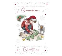 Cherry Orchard | Grandson Christmas Card | Christmas Card for Grandson | Cute Festive Design Little Boy & Puppy crafting | Beautiful Foil Finish | Complete with Envelope