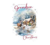 Cherry Orchard | Grandson Christmas Card | Christmas Card for Grandson | Winter Cottage Scene with festive Deer | Gold Foil Finish | Sentimental Verse Inside