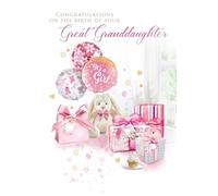 Cherry Orchard Great Granddaughter Birth Congratulations Card, Cute Pink Design with Bunny Rabbit, Balloons and Gifts