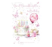 Cherry Orchard | Great Granddaughter Birthday Card | To a Special Great Granddaughter Happy Birthday | Birthday Cake & Balloon | Gold Foil Butterflies | Luxury Insert | Complete with envelope