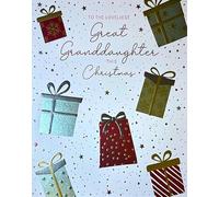 Cherry Orchard Great Granddaughter Christmas Card, Festive Present Design with Gold Silver Foil, Stars Pattern