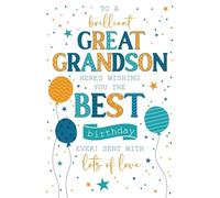 Cherry Orchard - Great Grandson Birthday Card, Teal and Gold Design with Balloons, ILovely Message Inside