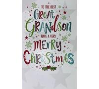 Cherry Orchard Great Grandson Christmas Card, Festive Stars and Holly Design with Colourful Text, Includes Envelope