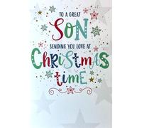 Cherry Orchard Great Son Christmas Card, Colourful Festive Typography Design with Stars and Snowflakes, Heartfelt Message Inside