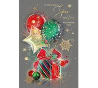 Cherry Orchard 'Greatest SON' Christmas card, Artistic design with Balloons &Gifts, Gold foil finish, comes complete with Gold envelope.