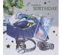 Cherry Orchard Happy Birthday Card, Modern Gift Design with Trainers, Tablet, Watch, Headphones, Gold Stars, Matching Envelope